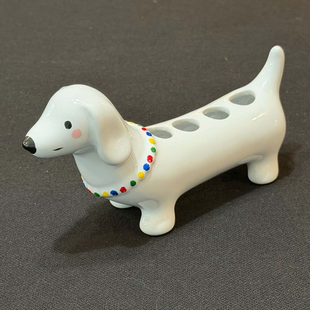 Ceramic Dachshund Dog White Toothbrush Holder or Flower Frog Vase 8”x2.5”x4”